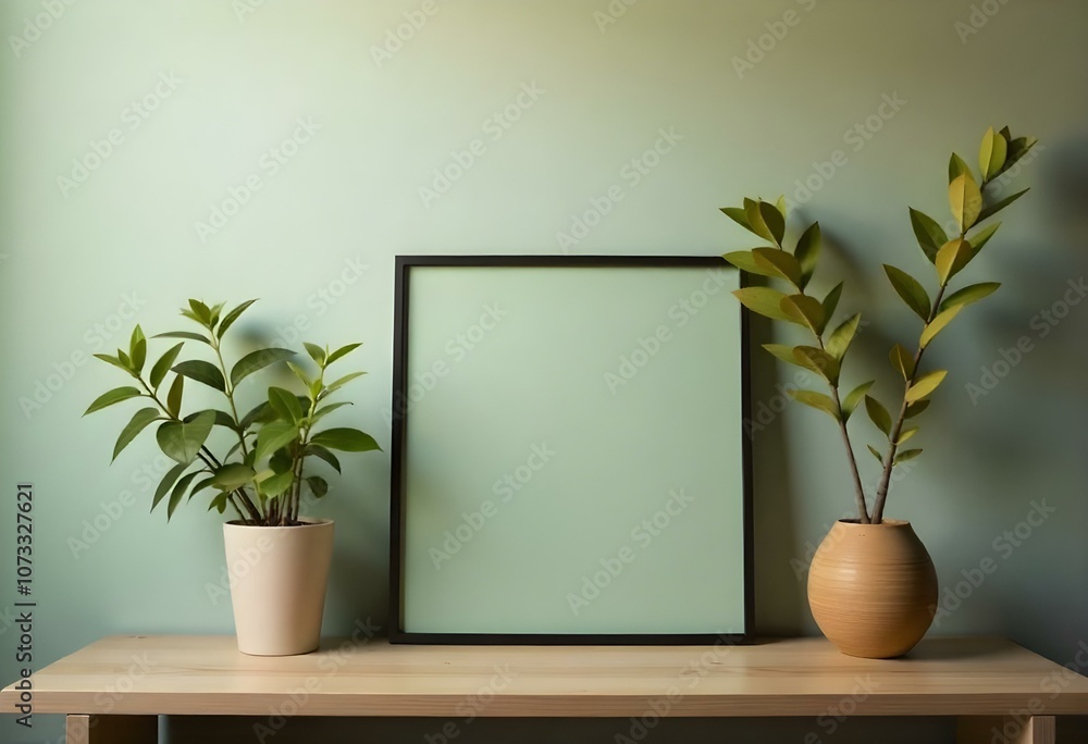 A wooden shelf with a blank green-colored frame, two potted plants with green leaves, and a wooden vase on a light-colored wall background. A wooden shelf with a blank green-colored frame, two potted plants with green leaves, and a wooden vase on a light-colored wall background.