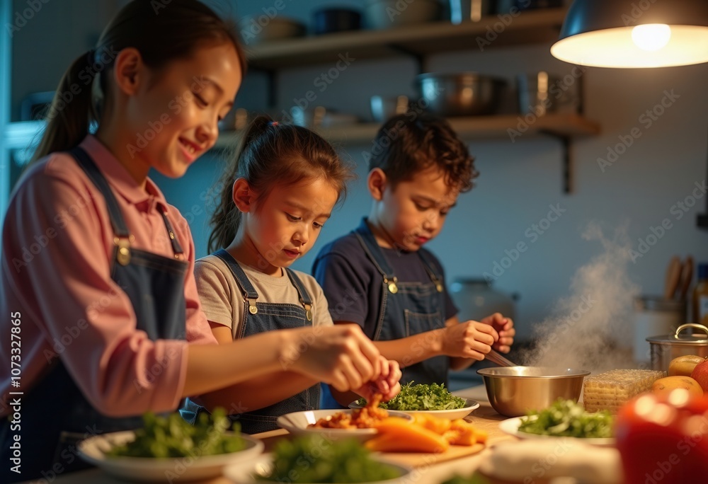 Three children are busy chopping and preparing fresh vegetables in a warm, cozy kitchen. The atmosphere is inviting, with soft lighting highlighting their focused expressions as they collaborate in me Three children are busy chopping and preparing fresh vegetables in a warm, cozy kitchen. The atmosphere is inviting, with soft lighting highlighting their focused expressions as they collaborate in me