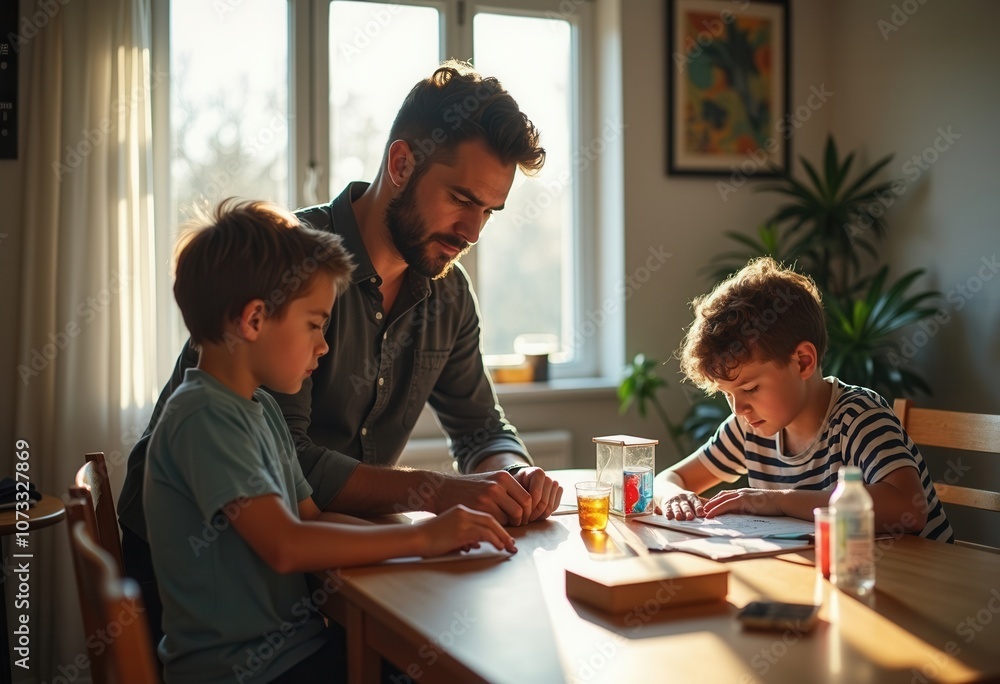 A father sits at a wooden table with his two sons, helping them with creative tasks. The warm afternoon light fills the room, illuminating their focused expressions as they work together on a craft pr A father sits at a wooden table with his two sons, helping them with creative tasks. The warm afternoon light fills the room, illuminating their focused expressions as they work together on a craft pr