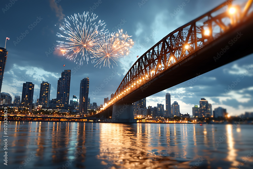 Fototapeta premium Celebrate independence day with spectacular fireworks over the city bridge