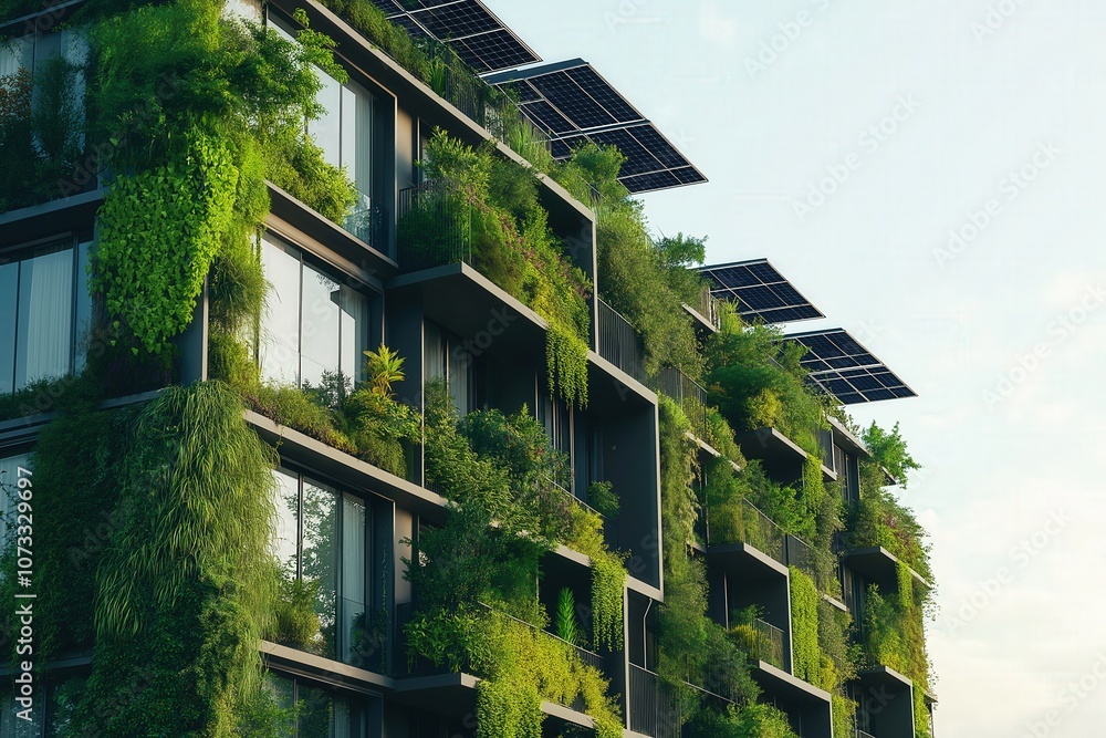 A futuristic city with vertical gardens and solar-paneled rooftops, showing a harmonious blend of nature and technology for sustainable urban living A futuristic city with vertical gardens and solar-paneled rooftops, showing a harmonious blend of nature and technology for sustainable urban living