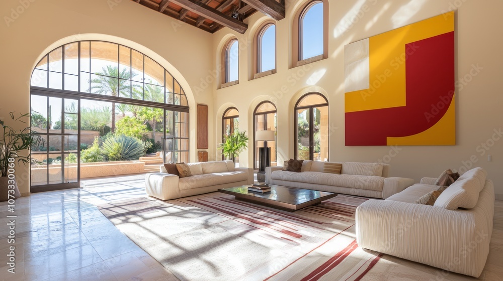 Fototapeta premium Modern Elegance in a Chic Spanish-Inspired Living Room with Contemporary Furniture and Natural Light