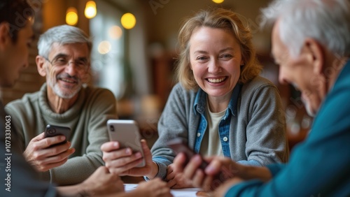 A group of four friends shares laughter and conversation in a cozy cafe, each engaging with their smartphones. The warm ambiance creates a relaxed atmosphere for social interaction and connection.