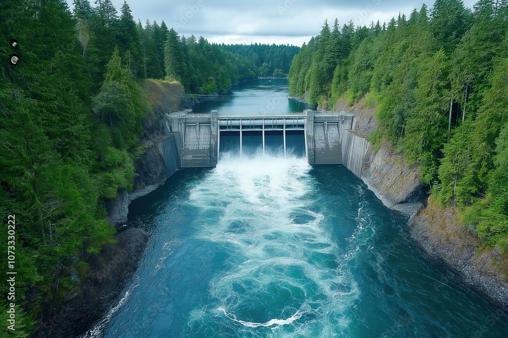 A hydroelectric dam generating clean energy, with a river flowing through the dam and surrounding forests, symbolizing nature and technology working together A hydroelectric dam generating clean energy, with a river flowing through the dam and surrounding forests, symbolizing nature and technology working together