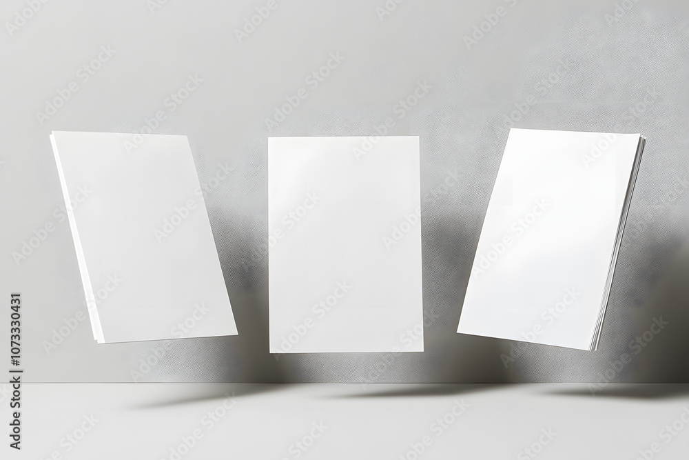 Naklejka premium Three blank sheets of paper hovering against a minimalist gray background in a creative display of floating stationery at dusk