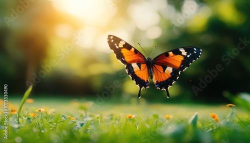 A vibrant butterfly with orange and black wings flutters above a lush green field, illuminated by soft sunlight in a serene outdoor setting.
