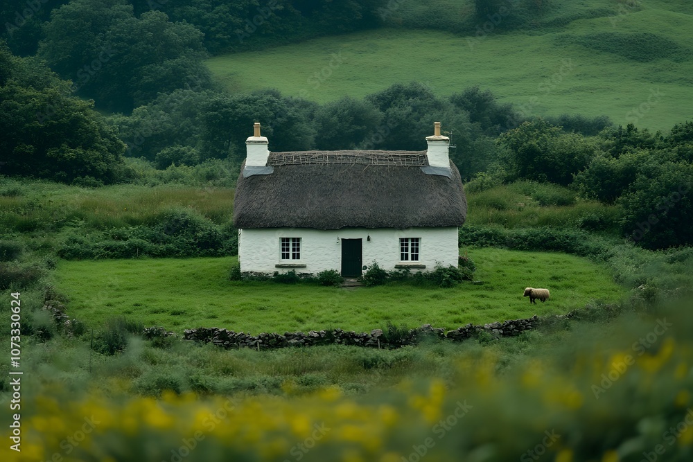Traditional thatched-roof house in a rural landscape – Set against a serene, natural backdrop, showcasing rustic charm and the simplicity of rural living Traditional thatched-roof house in a rural landscape – Set against a serene, natural backdrop, showcasing rustic charm and the simplicity of rural living