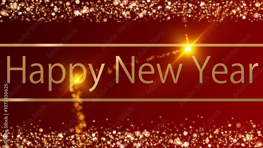 Naklejka premium Happy New Year in sparkling gold with stars and snowflakes, set against a beautiful background 