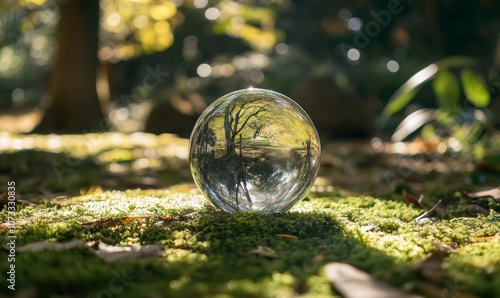 Crystal globe on mossy forest ground, surrounded by greenery, sunlight filtering through trees, blurred natural background, eco-friendly theme