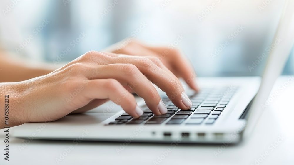 Close-up of hands typing on a laptop keyboard, indicating work or communication. Close-up of hands typing on a laptop keyboard, indicating work or communication.
