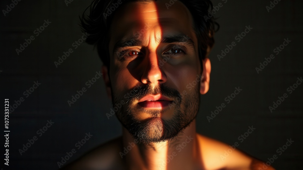 A man is captured with a strong expression, his face partially illuminated by light cutting through the shadows. The setting highlights the dramatic play of light and darkness around him, creating a c A man is captured with a strong expression, his face partially illuminated by light cutting through the shadows. The setting highlights the dramatic play of light and darkness around him, creating a c