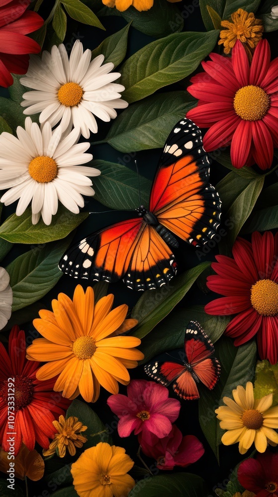 A vibrant arrangement of colorful flowers with Monarch butterflies resting among the petals, showcasing nature's beauty and diversity.