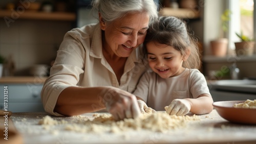 A joyful grandmother and her granddaughter are creating dough in a warm kitchen. They share smiles and laughter as they work together, surrounded by a cozy atmosphere filled with natural light and kit