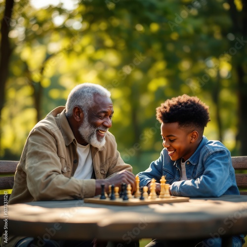 An elderly man and a young boy sit across from each other at a wooden table, deeply engaged in a game of chess. Their expressions reflect joy and concentration as they enjoy the game amidst a lush out