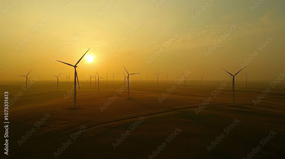 Expansive Wind Farm on Grassy Plain Under Golden Hour Sunlight with Gentle Breeze and Distant Horizon in a Tranquil Setting Expansive Wind Farm on Grassy Plain Under Golden Hour Sunlight with Gentle Breeze and Distant Horizon in a Tranquil Setting