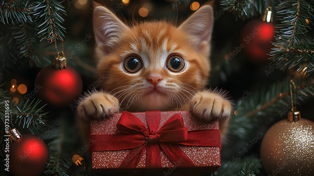 A cute kitten hanging on the Christmas tree, holding onto an ornament, with festive decorations around it, creating a joyful holiday scene
A cute kitten hanging on the Christmas tree, holding onto an ornament, with festive decorations around it, creating a joyful holiday scene