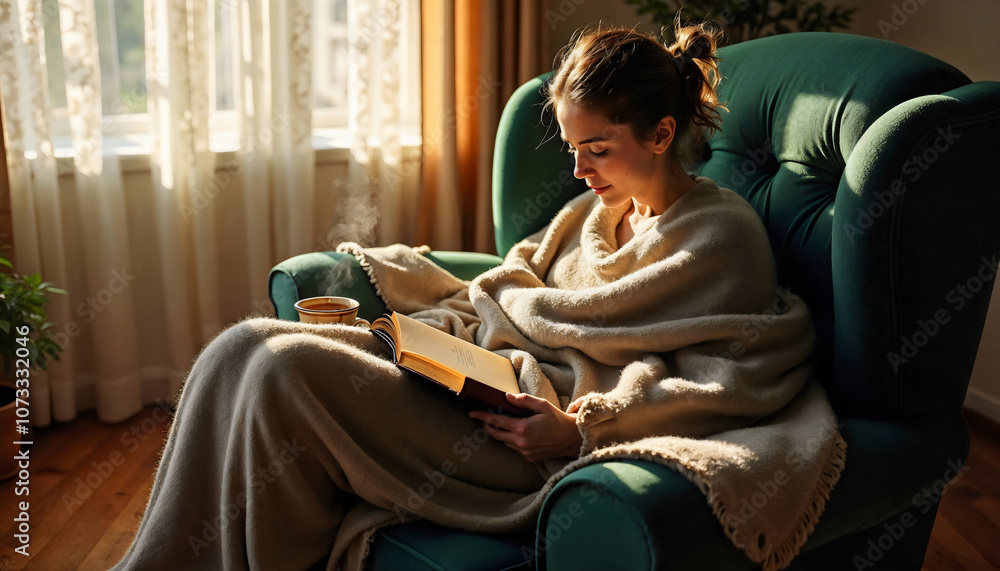 Young woman enjoying a peaceful afternoon wrapped in a blanket, immersed in a book while seated in a comfy armchair by the window. Young woman enjoying a peaceful afternoon wrapped in a blanket, immersed in a book while seated in a comfy armchair by the window.