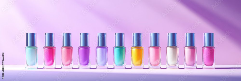 A set of colorful nail polish bottles arranged in a row glass isolated on gradient purple lavender background. 3D fashion shimmering cosmetic beauty gradient metallic wallpaper salon spa material A set of colorful nail polish bottles arranged in a row glass isolated on gradient purple lavender background. 3D fashion shimmering cosmetic beauty gradient metallic wallpaper salon spa material