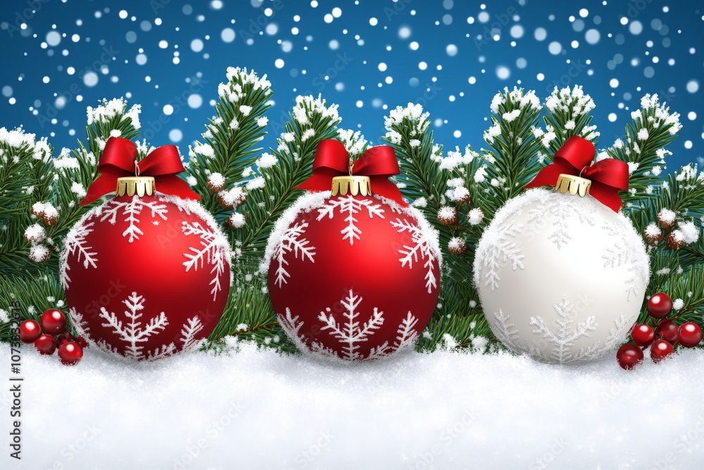 Red and white Christmas ornaments with holly and pine accents on a snowy backdrop showcasing traditional holiday cheer in a classic winter setting Red and white Christmas ornaments with holly and pine accents on a snowy backdrop showcasing traditional holiday cheer in a classic winter setting