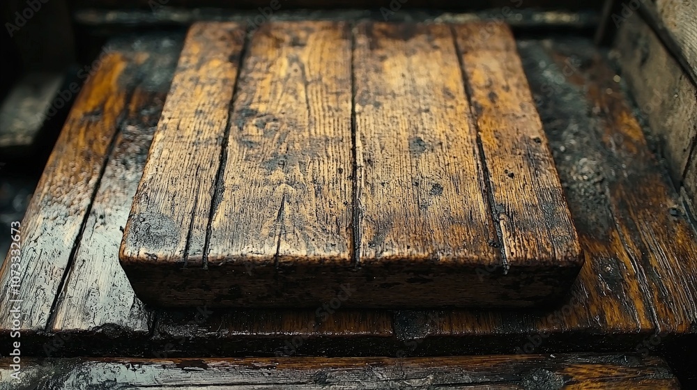 A close-up of a weathered wooden block on a textured surface. A close-up of a weathered wooden block on a textured surface.