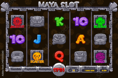 Set of 12 slot symbols Mayan or Aztec theme and full set of 12 slot symbols. . Stone Icons for 2D Games and Casino or Slots. Graphic elements for the development of slot machines