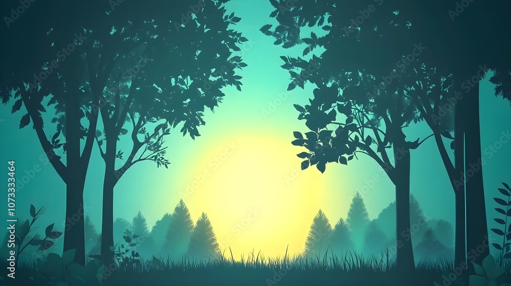 Fototapeta premium Silhouette Trees with Sunrise in Foggy Forest