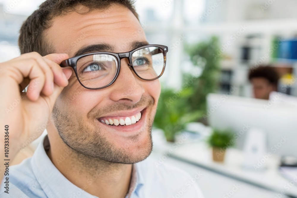 A focused young man wearing glasses is smiling as he thinks of new ideas in a well lit, contemporary office. His cheerful expression reflects creativity and engagement in a work environment, surrounde A focused young man wearing glasses is smiling as he thinks of new ideas in a well lit, contemporary office. His cheerful expression reflects creativity and engagement in a work environment, surrounde