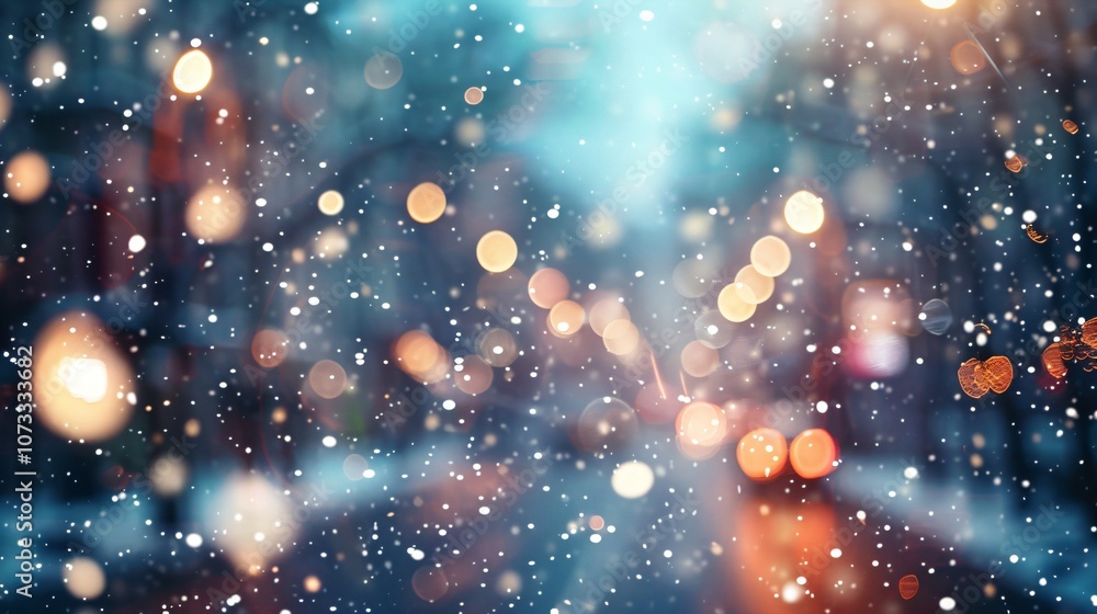 Falling snowflakes against blue sky and blurred night street with festive decorations. Christmas background with snowfall. Winter holidays in urban city Falling snowflakes against blue sky and blurred night street with festive decorations. Christmas background with snowfall. Winter holidays in urban city