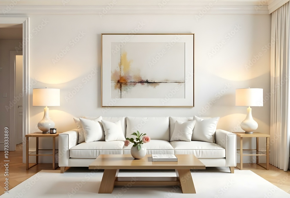 Fototapeta premium A luxurious living room with a large white sofa, a wooden coffee table, and a framed abstract artwork on the wall