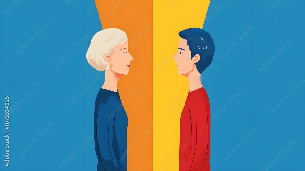 Obraz premium Man and Woman Facing Each Other on Colorful Background