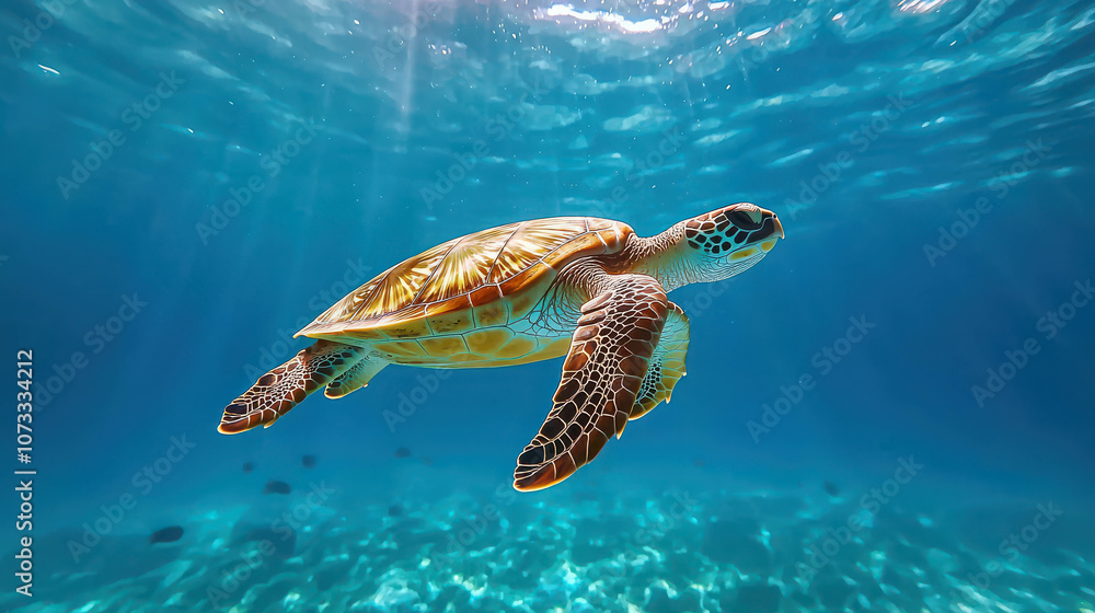 Obraz premium Underwater Scene of a Vibrant Coral Reef with Colorful Fish Swimming Gracefully Beneath Clear Blue Waters Featuring a Majestic Turtle