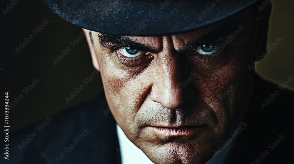 portrait of a grim and dangerous mafioso in a hat looking at camera portrait of a grim and dangerous mafioso in a hat looking at camera