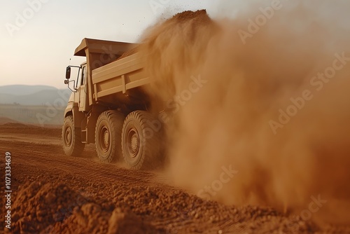 Dump truck unloading soil or sand – Depicting heavy-duty machinery in action at a construction site, delivering materials for groundwork or landscaping projects photo