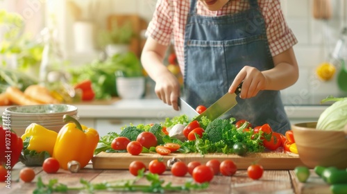 Young Girl Preparing Fresh Vegetables in a Bright Kitchen, Engaged in Cooking Healthy Food for a Nourishing Meal, Showcasing Culinary Skills and Joy of Cooking