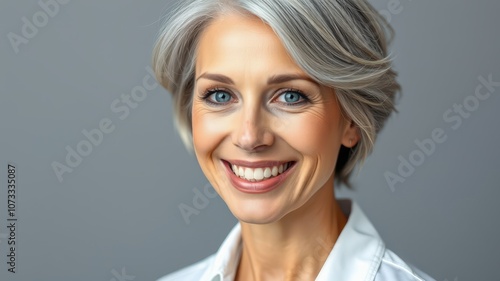 A woman with short gray hair smiles brightly at the camera