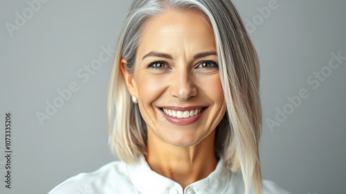 A woman with gray hair smiles at the camera, her white shirt adding a crisp contrast against the gray background