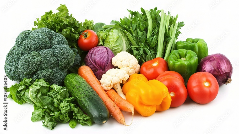 Fresh and Colorful Vegetables Displayed on White Background for Healthy Eating Promotion, Including Broccoli, Carrots, Tomatoes, and More Fresh and Colorful Vegetables Displayed on White Background for Healthy Eating Promotion, Including Broccoli, Carrots, Tomatoes, and More