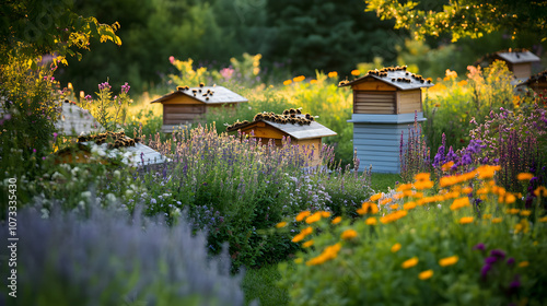 Exploring a Colorful Garden with Beehives Highlighting the Essential Role of Bees in the Ecosystem photo