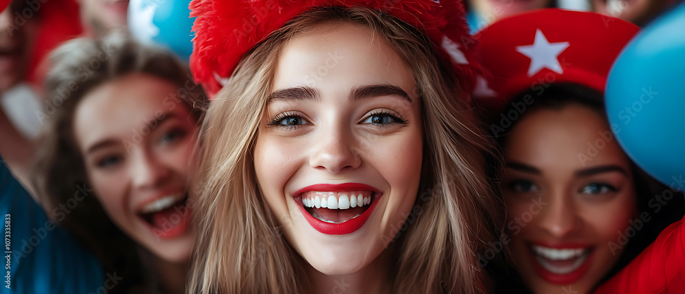 Celebrate united states independence day with joyful friends in red white and blue outfits Celebrate united states independence day with joyful friends in red white and blue outfits