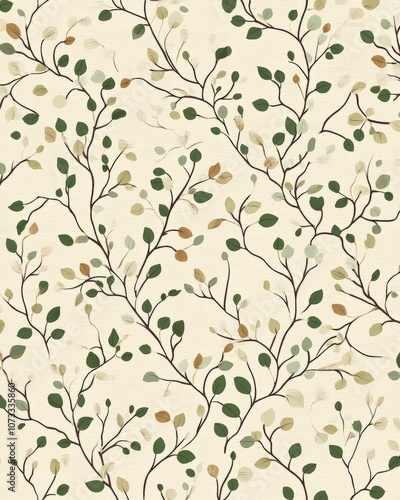 A seamless nature-inspired background featuring small, delicate leaves and branches in a repeating pattern, with earthy green and brown tones, ideal for eco-friendly product packaging or websites