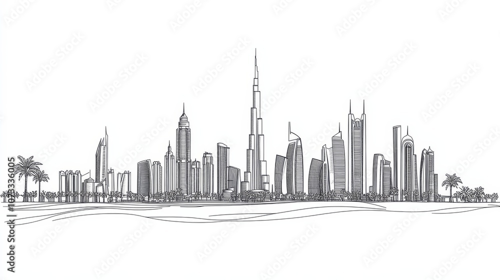 Naklejka premium Stylish single line design representing Dubai's landmarks.