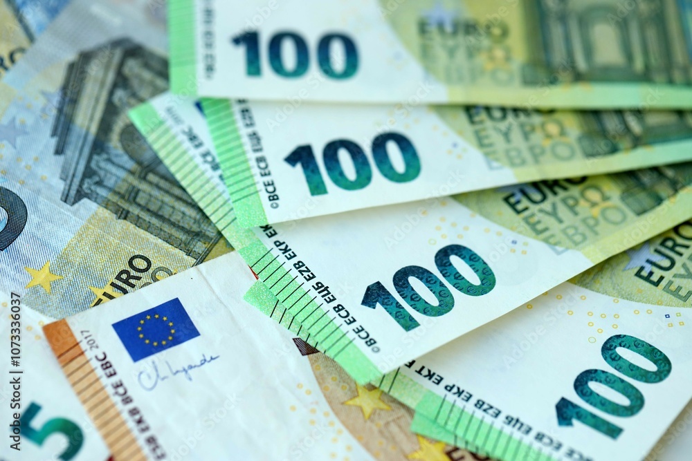 Many real european euro banknotes in big pile Many real european euro banknotes in big pile