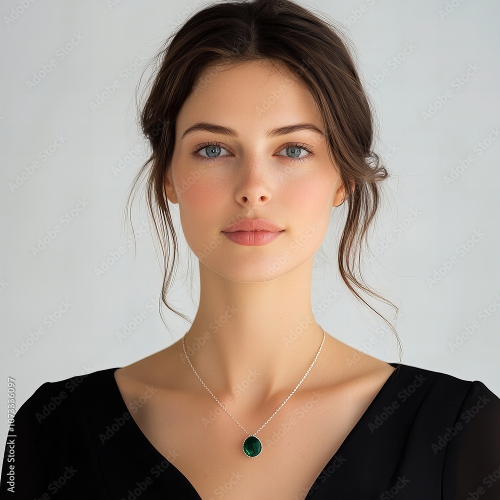 studio portrait of a woman in a silver necklace with an emerald pendant, isolated on white studio portrait of a woman in a silver necklace with an emerald pendant, isolated on white