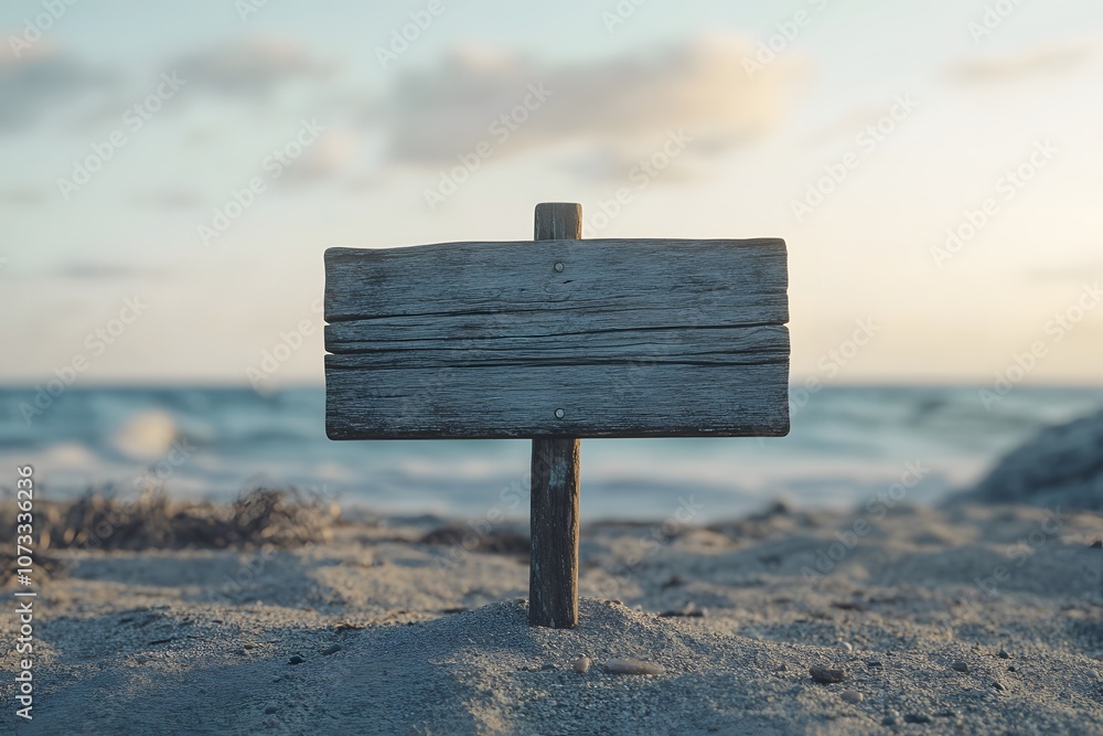 Fototapeta premium Blank Wooden Signpost on Sandy Beach with Ocean Background