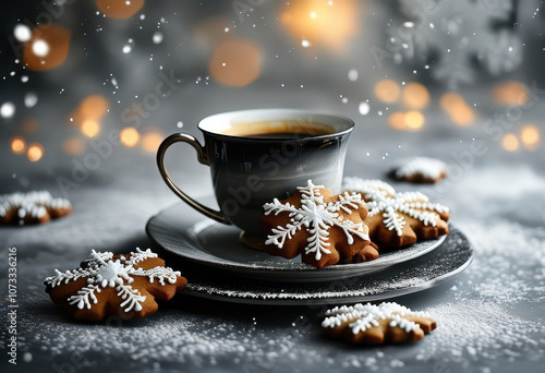 Christmas still life with a cup of coffee or tea and ginger cookies, Generative AI 