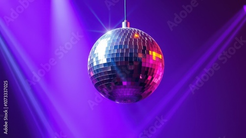 A disco ball hangs in the middle of a purple spotlight