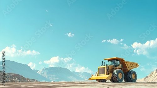 Yellow Dump Truck in Quarry with Mountain Landscape