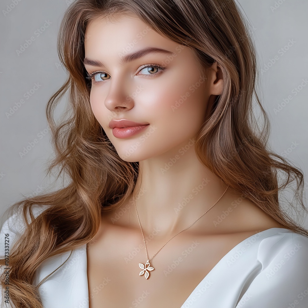 studio portrait of a woman wearing leaf-shaped pendant and a delicate, silver necklace, isolated on white studio portrait of a woman wearing leaf-shaped pendant and a delicate, silver necklace, isolated on white