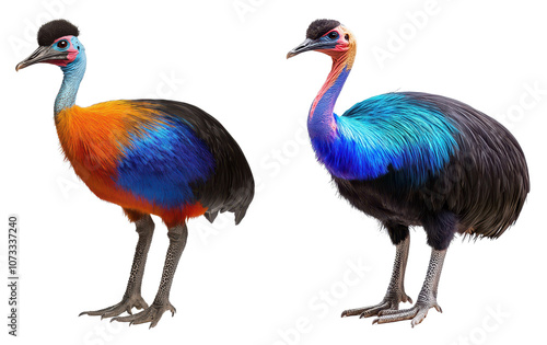 Two vividly colored birds with unique plumage, showcasing a mix of bright orange, blue, and black feathers on their bodies.