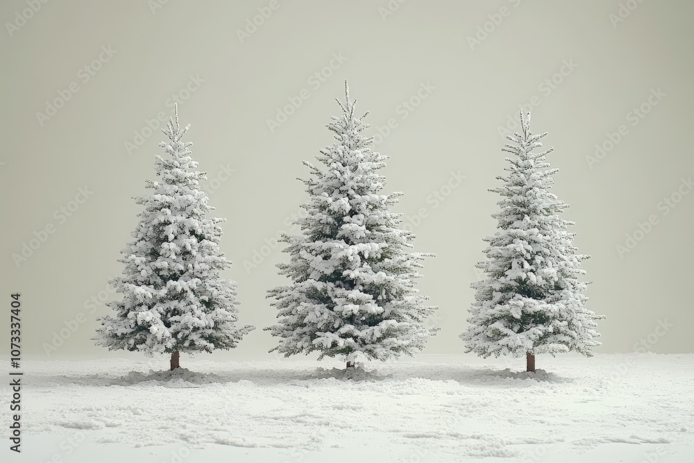Row of three snow covered Christmas trees on a frosty winter backdrop creating a serene holiday scene with natural elegance and seasonal simplicity Row of three snow covered Christmas trees on a frosty winter backdrop creating a serene holiday scene with natural elegance and seasonal simplicity